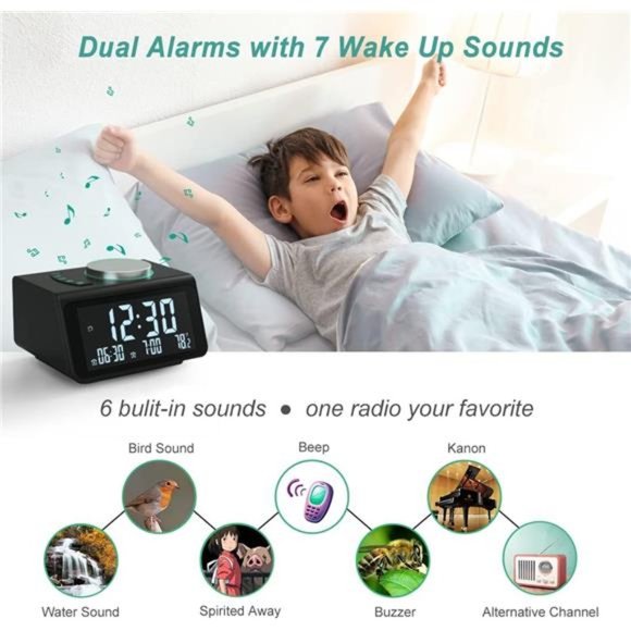 Small Digital Alarm Clock Radio - FM Radio,Dual USB Charging Port,Dual Alarm - Picture 4 of 5